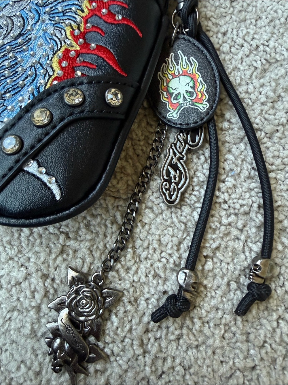 Ed Hardy Black Shoulder Bag with Red & Blue Mirrored Unicorns - Picture 4 of 5